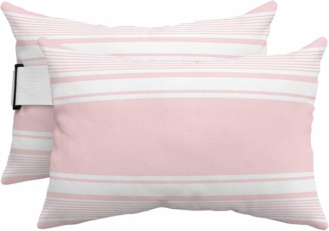 Outdoor Lumbar Pillow Set of 2, Farmhouse Pink Waterproof Beach Headrest Pillow with Inserts, Farmhouse Pink Line Striped Recliner Throw Pillows for Patio Furniture, 11 x 16