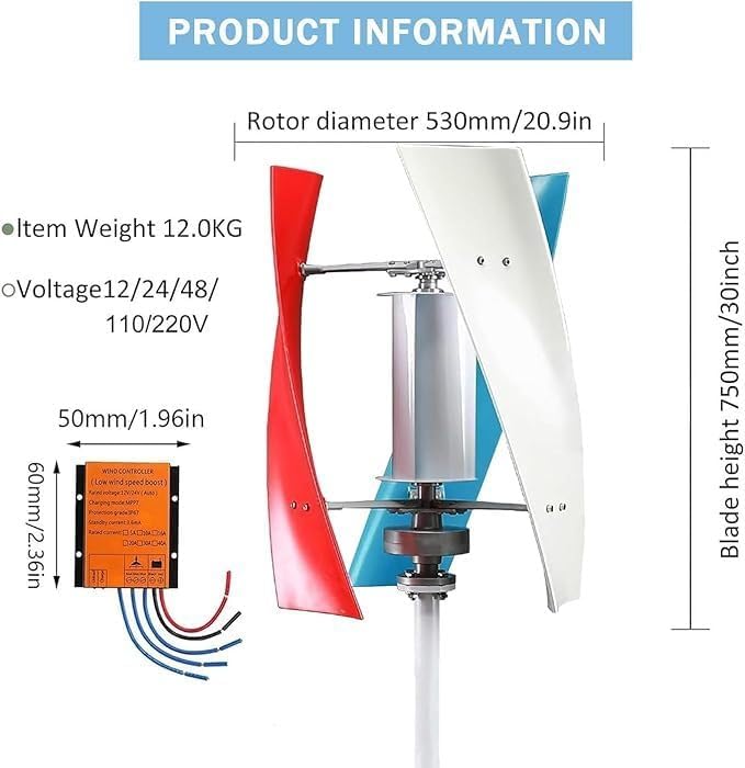 2000W Portable Veal Wind Generator with MPPT Controller, 3-Blade Wind Turbine for Home & Outdoor Renewable Energy Power System