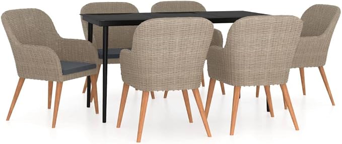 Garden Dining Set, 6 Person Outdoor Patio Dining Table with Black Glass Top, Brown Poly Rattan Rectangular Table for Backyard and Deck, 55.1 Inch