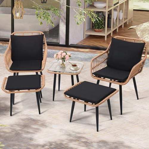 5-Piece Wicker Patio Conversation Set - Stylish Outdoor Furniture with 2 Chairs, 2 Ottomans & Side Table - Ideal for Balcony, Deck, Porch & Backyard Relaxation