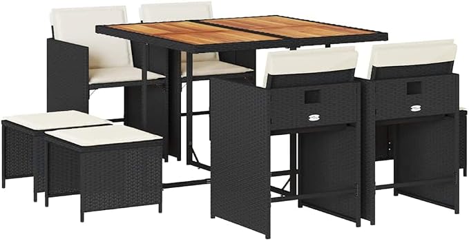 9 Piece Garden Dining Set - Rattan Outdoor Furniture with Acacia Wood Accents - Space Saving Patio Table, 4 Chairs, 4 Stools and Washable Cushions for Backyard and Terrace, Black