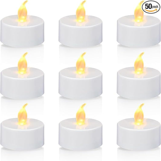 KOABY 50 Pack Tea Lights with Timer, Auto-On 6 Hours and Off 18 Hours in 24 Hours Cycle Automatically, Battery Operated Flameless Flickering Tea Lights with Timer(50 Pack, Warm Yellow)