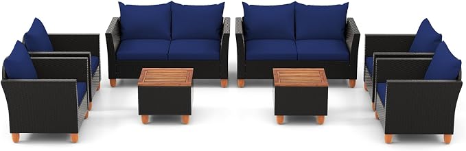 Tangkula 8 Piece Outdoor Conversation Set, Patio Cushioned Chairs w/Storage Coffee Table, Acacia Wood Tabletop & Chair Legs, Patio Wicker Furniture Set for Poolside, Lawn, Porch (2, Navy)