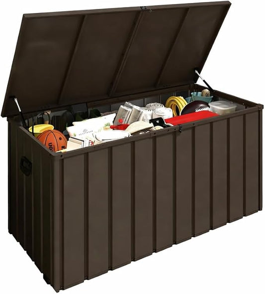 GOWE 200 Gallon Metal Deck Box, Waterproof Outdoor Storage Box with Lockable Lid, Large Pool Storage Cabinet for Patio Furniture Garden Tools Pool-Supplies, Brown
