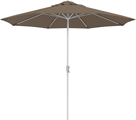 California Umbrella 12-Year Protection 9-Ft Outdoor Patio Umbrella, Sunbrella Fade-Resistant Fabric, Auto-Tilt, Heavy Duty Aluminum Frame, 8 Reinforced Ribs for Pool or Deck, White Pole, Taupe