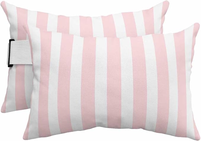 Lumbar Pillow Covers Set of 4, Pink Striped Waterproof Outdoor Chaise Lounge Pillow Covers with Elastic Strap, Modern Farmhouse Pink White Stripes Headrest Pillowcase for Patio, 11 x 16