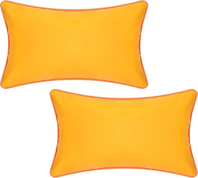 Summer Outdoor Set of 2 Silicone Waterproof Lumbar Pillow Covers 12x20 Inch Fadeproof Durable Rectangle Pillowcase Decorative for Garden Patio Tent Sunbrella Balcony Bench Sofa, Yellow