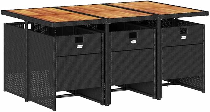 7-Piece Outdoor Dining Set, PE Rattan Patio Furniture Set with Acacia Wood Table Top and 6 Cushioned Chairs, Modern Garden Table and Chairs Set for Backyard, Deck and Terrace, Black and Brown