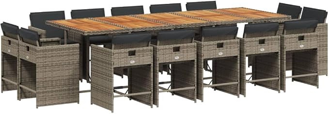 15 Piece Patio Dining Set, 14-Seater Outdoor PE Rattan Furniture with Acacia Wood Table and Cushioned Chairs, Space-Saving Cube Design for Garden Backyard
