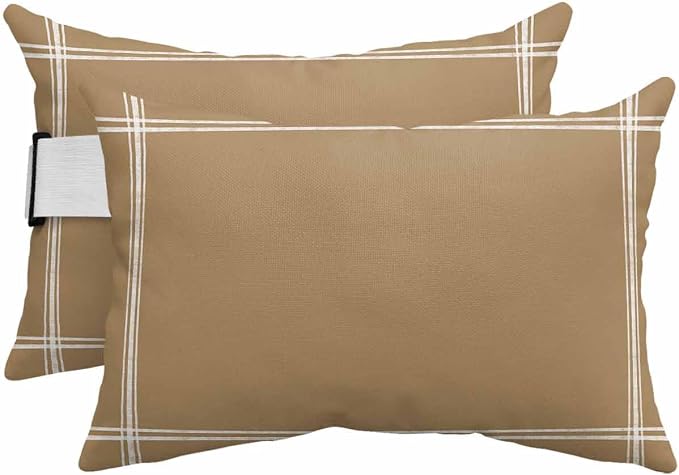 Chaise Lounge Chair Pillow with Strap & Insert Solid Color Outdoor Recliner Head Pillow Pack of 2 Khaki Farmhouse Vintage Waterproof Headrest Patio Lumbar Pillow for Beach Pool Office Chair 12x20 Inch