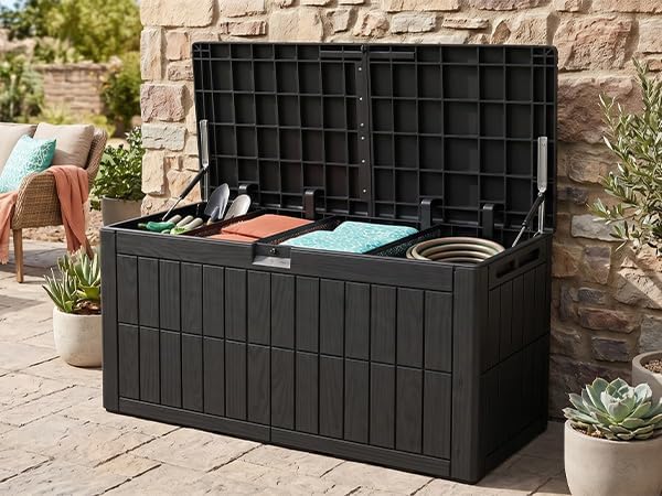 Outdoor Storage Box Water Proof Resin Deck Box Lockable Storage Bin for Cushion Patio Furniture Black