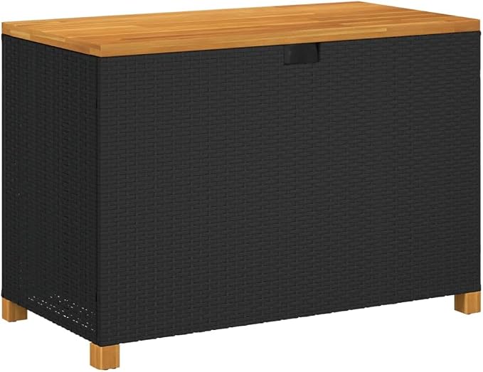 Storage Boxes, Patio Storage Box Black 43.3"x21.7"x24.8" Poly Rattan Acacia Wood