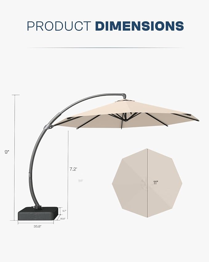 11 FT Cantilever Umbrella with Base Included, Large Round 360° Rotation Offset Umbrella Outdoor Patio, Heavy Duty Aluminum Frame, Sand-Weighted Stand, for Deck, Backyard, Poolside, Garden (Beige)