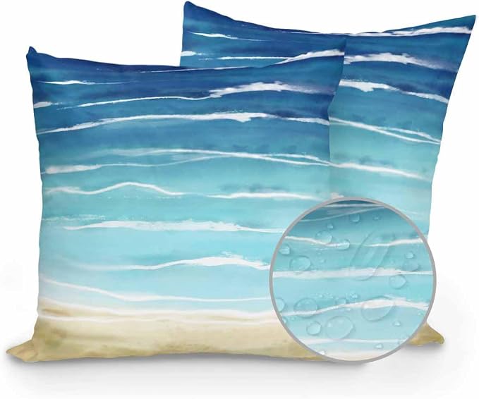 Set of 2 Outdoor Pillows Waterproof, Blue Beige Ombre Indoor/Outdoor Throw Pillows with Inserts, Coastal Nautical Summer Beach Wave Decorative Pillow for Patio Furniture Chairs Couch 18"x18"
