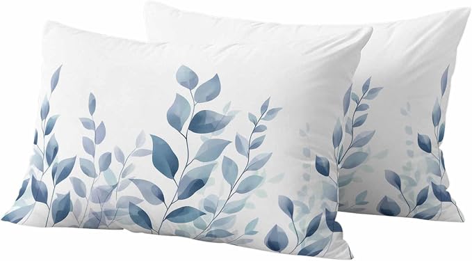 Blue Botanical Outdoor Waterproof Throw Pillow Covers 20x12 Set of 2, Pastoral Leaf Watercolor Decorative Pillowcases Cushion Pillowcase for Couch Sofa Patio Outside Pillow Protector