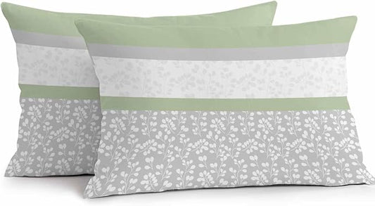Farmhouse Flower Design Outdoor Pillow Covers 20x12in Pack of 2 Waterproof Pillowcase Green Grey White Stripe Stitching Decorative Throw Cushion Case for Patio Couch Sofa