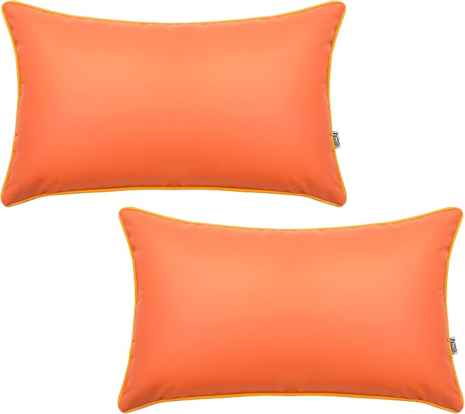 Set of 2 Silicone Leather Waterproof Lumbar Pillow Covers 12x20 Inch Fadeproof Rectangle Pillowcase Durable Outdoor Cushion Sham Decorative for Garden Patio Sunbrella Balcony Sofa, Orange