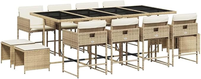13 Piece Patio Dining Set with Cushions Beige Poly Rattan Outdoor Dining Table and 8 Chairs with Foldable Backrests Tempered Glass Top UV Proof for Garden Backyard