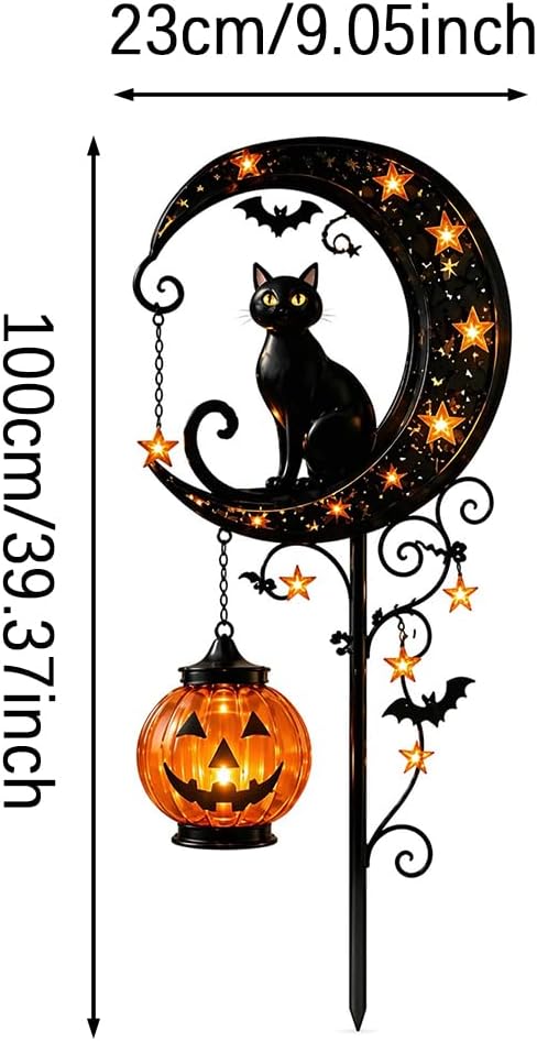 Solar Halloween Black Cat & Pumpkin Moon Garden Stake Light, Outdoor Waterproof LED Yard Decoration with Crescent Moon, Hanging Jack-o'-Lantern Lantern for Garden, Patio, Walkway, Porch (Style A B)