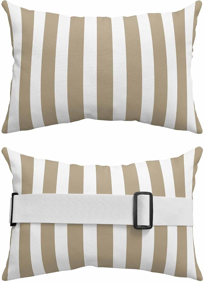 DecorLovee Beige Striped Outdoor Recliner Pillows for Head, Farmhouse Waterproof Chair Pillow with Elastic Stripe, Beige White Stripes Chaise Lounge Headrest Pillow for Patio/Beach/Pool 1Pack, 11"x16"