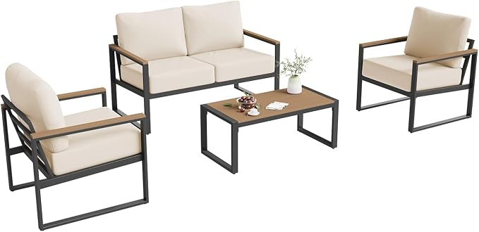 Aoxun Patio Furniture Set, 4 Piece Outdoor Patio Furniture with Thick Cushions, Modern Metal Outdoor Conversation Sets with Coffee Table for Porch, Balcony, Deck Beige