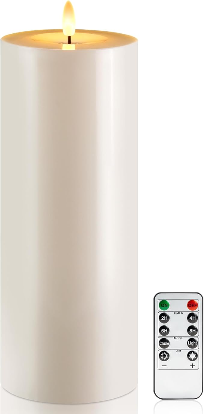 Raycare 4'' X 12'' Large Waterproof Outdoor Flameless Candle, Battery Operated LED Candles with Remote Control and Timer, Electric Fake Plastic Pillar Candles, Ivory