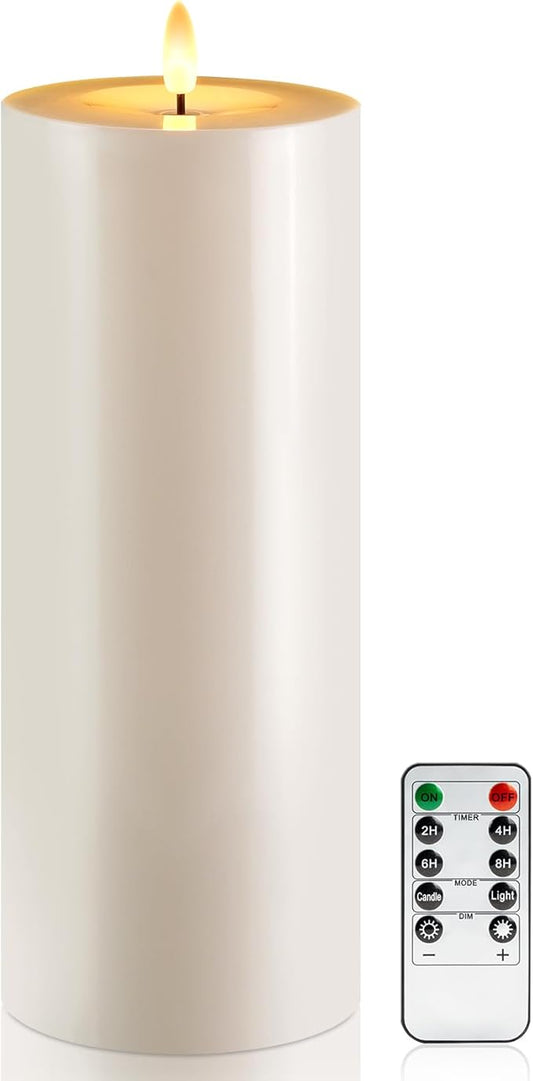 Raycare 4'' X 12'' Large Waterproof Outdoor Flameless Candle, Battery Operated LED Candles with Remote Control and Timer, Electric Fake Plastic Pillar Candles, Ivory