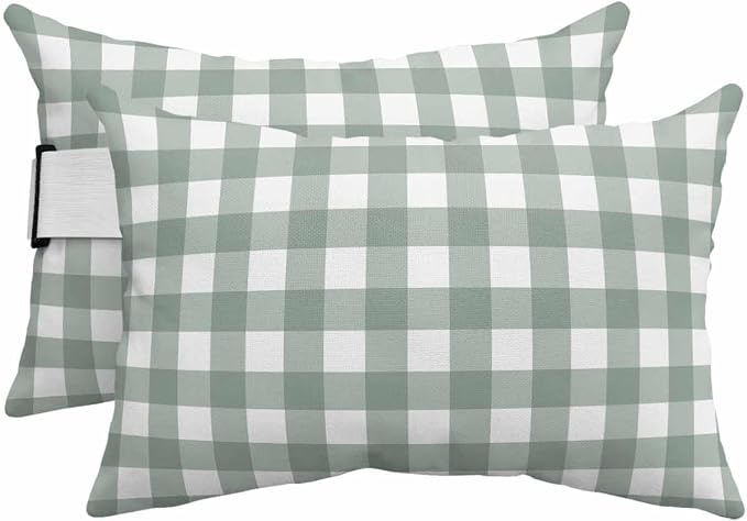 Pack of 4 Outdoor Lumbar Pillow Covers 12x20 Inch, Green Farmhouse Waterproof Throw Pillow Covers Set, Buffalo Plaid Check Lattice White Grid Indoor&Outdoor Cushion Cases for Patio Porch Beach