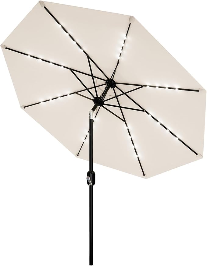 Garvee 9/10 FT Solar Patio Umbrella with 32 LED Lights - Outdoor Table Umbrella with Crank Lift, Push Button Tilt and 8 Sturdy Ribs - Market Umbrella UV Protection for Pool, Deck, Yard, Garden
