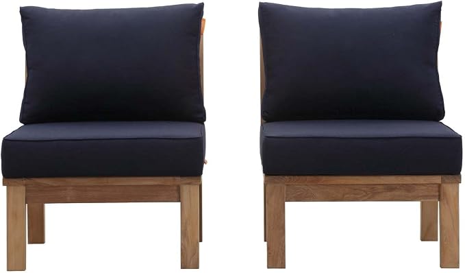Modway EEI-1821-NAT-NAV-SET Marina Premium Grade A Teak Wood Outdoor Patio Armless Chairs-Set of 2, Natural Navy