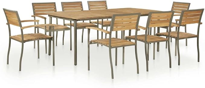 9-Piece Outdoor Dining Set, Rectangular Solid Acacia Wood Patio Table and 8 Stacking Chairs, Industrial Frame Backyard Garden Furniture Set, Natural Wood and Grey