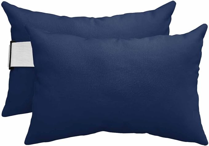 Outdoor Lumbar Pillow for Chaise Lounge Chair Navy Blue Head Resting Pillow Simple Style Decorative Pillow with Adjustable Strap for Patio Recliner Office Car Seat Sofa 2 Pack 12x20 inch