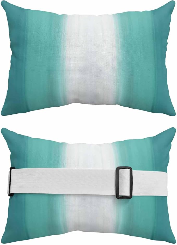 Outdoor Lumbar Pillow Set of 2, Teal Green Striped Waterproof Beach Headrest Pillow with Inserts, Turquoise Ombre Farmhouse Gradient Recliner Throw Pillows for Patio Furniture, 12 x 20