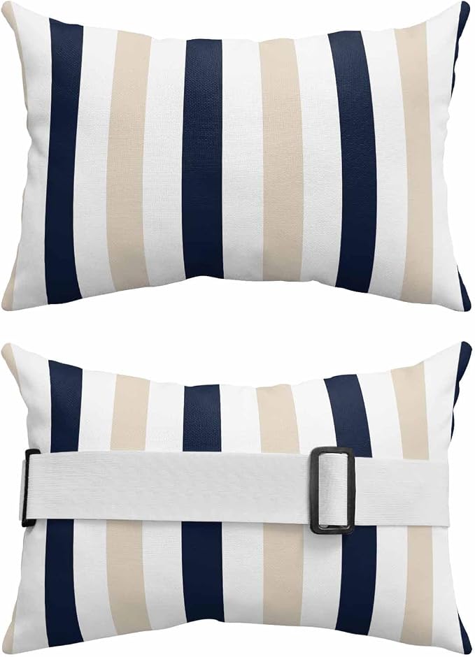 Pack of 4 Outdoor Lumbar Pillow Covers 11x16 Inch, Beige Navy Blue Striped Waterproof Throw Pillow Covers Set, Farmhouse Stripe Art Indoor&Outdoor Decorative Cushion Cases for Patio Porch Beach
