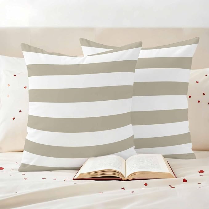 JasmineM Outdoor Pillow Cover 24x24 Inches Set of 2 Tan and White Stripe Waterproof Throw Pillow Covers Taupe Tan Brown Stripes Decorative Pillowcases Garden Cushion Case for Patio Couch Sofa