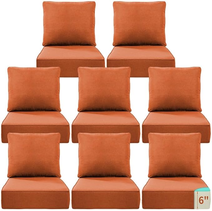 Luxury 22*24*6in Outdoor Patio Cushions, 8 Pieces Orange Outdoor Cushion | 6'' Thick Outdoor Cushions, Water-Resistant, Reversible, Removable Cover, for Patio Chairs Sofa Couch Loveseat