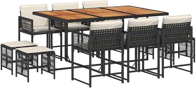 11 Piece Outdoor Dining Set 10-Seater Patio Furniture Garden Table and Chairs with Cushions Black Poly Rattan