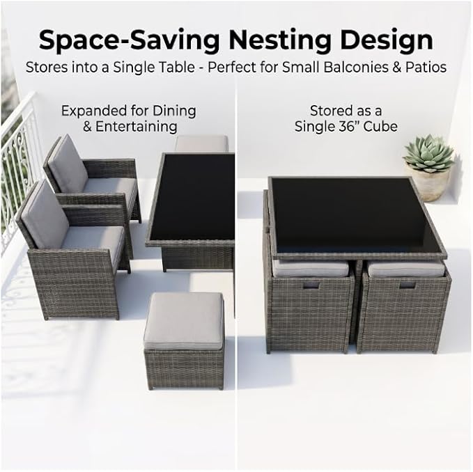 Gasee 9 Pieces Outdoor Dining Sets Patio Rattan Conversation Set Space Saving Wicker Chairs with Glass Table,Gray