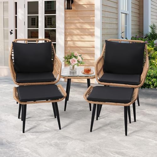 5-Piece Outdoor Wicker Patio Conversation Set - 2 Stylish Chairs, 2 Ottomans & Side Table - Ideal for Balcony, Porch, Deck & Backyard - Durable Natural Finish Furniture