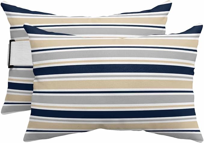 Pack of 4 Outdoor Lumbar Pillow Covers 12x20 Inch, Beige Navy Blue Striped Waterproof Throw Pillow Covers Set, Farmhouse Stripes Modern Abstract Art Decorative Cushion Cases for Patio Porch Car