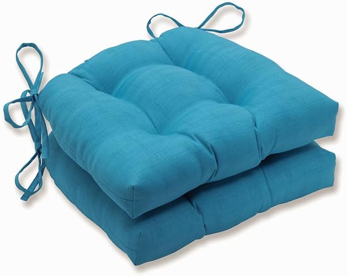 Pillow Perfect Solid Outdoor Patio Reversible Chairpad with Ties, Weather, and Fade Resistant, Large - 17" x 1.5", Blue Veranda, 2 Count