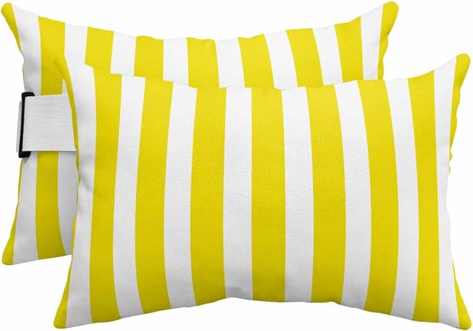 Lumbar Pillow Covers Set of 2, Yellow Striped Waterproof Outdoor Chaise Lounge Pillow Covers with Elastic Strap, Modern Farmhouse Yellow White Stripes Headrest Pillowcase for Patio, 12 x 20