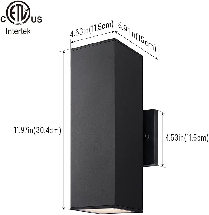 mirrea 12" Modern Outdoor Porch Light in 2 Lights, Matte Black, 4 Pack | Patio wall sconce, aluminum rectangular tube, tempered glass, waterproof. Up & down lighting for outdoor wall mount fixture.