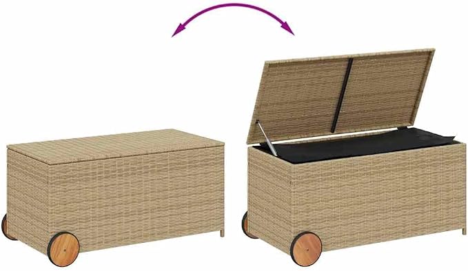 Garden Storage Box with Wheels Mix Beige 50.2 Gal Poly Rattan with Water-Proof Bag and Gas Spring Lid for Patio Cushions