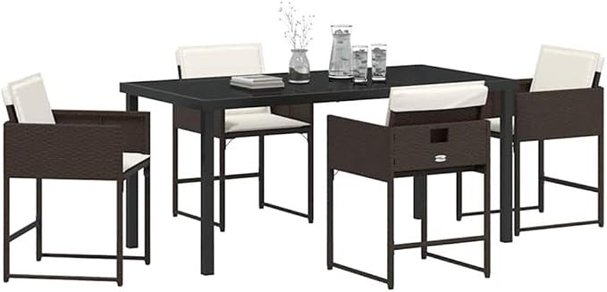 Afuera Living 5 Piece Poly Rattan Garden Dining Set with Cushions, Brown Finish, Tempered Glass Tabletop, Lightweight and Durable, Modern Patio Dining Set for Outdoor Terrace or Garden Use