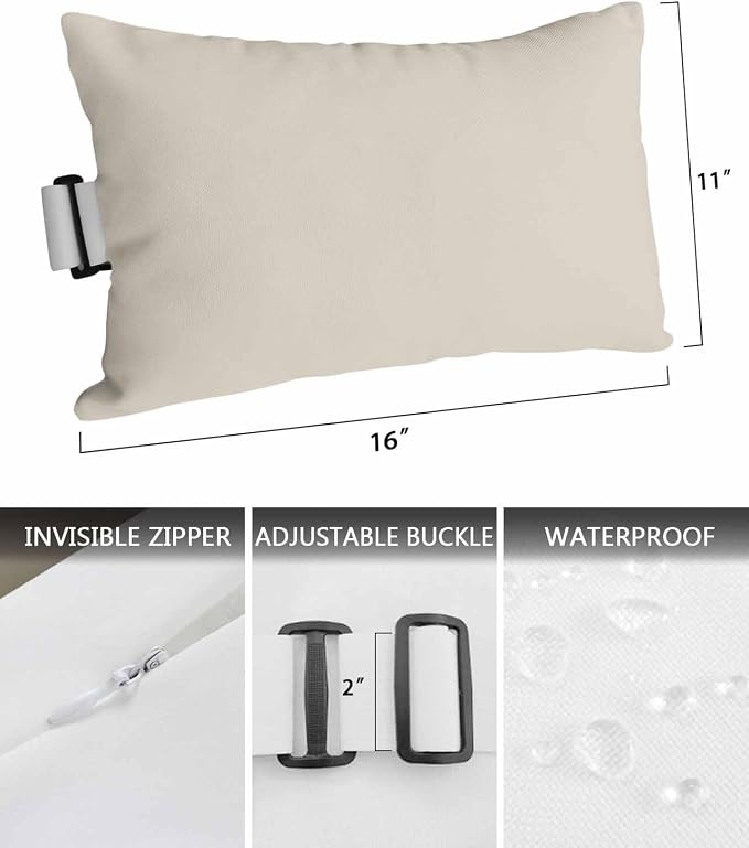 Outdoor Pillow for Lounge Chair with Strap & Insert Swan White Recliner Head Pillow Simple Style Waterproof Headrest Patio Lumbar Pillows for Beach Pool Office Chaise Chair 11x16 Inch