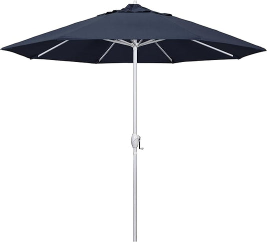 California Umbrella 12-Year Protection 9' Rd Aluminum Patio Umbrella, Crank Lift, Auto Tilt, White Finish, Sunbrella Indigo