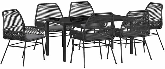 Afuera Living 7 Piece Poly Rattan Patio Dining Set, Black Finish, UV-Resistant, Powder-Coated Steel Frame, Cushioned Seats, Black Tempered Glass Table, Modern Outdoor Furniture for Garden or Patio Use