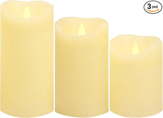 CANDLE CHOICE Real Wax Battery Operated Flameless Candles with Remote Automatic Daily Cycle Timer Realistic Flickering Electric LED Pillars Wedding Party Holiday Decorations 3 PCS Rustic Texture Ivory