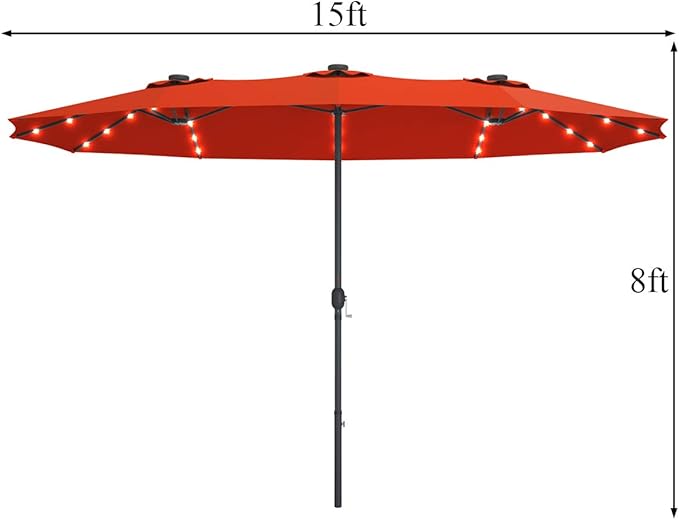 Tangkula 15 Ft Double Sided Patio Umbrella with Solar Lights, Extra Large Rectangle Outdoor Umbrella with 36 LED Lights & Crank Handle for Deck, Poolside, Garden, Backyard (Orange)